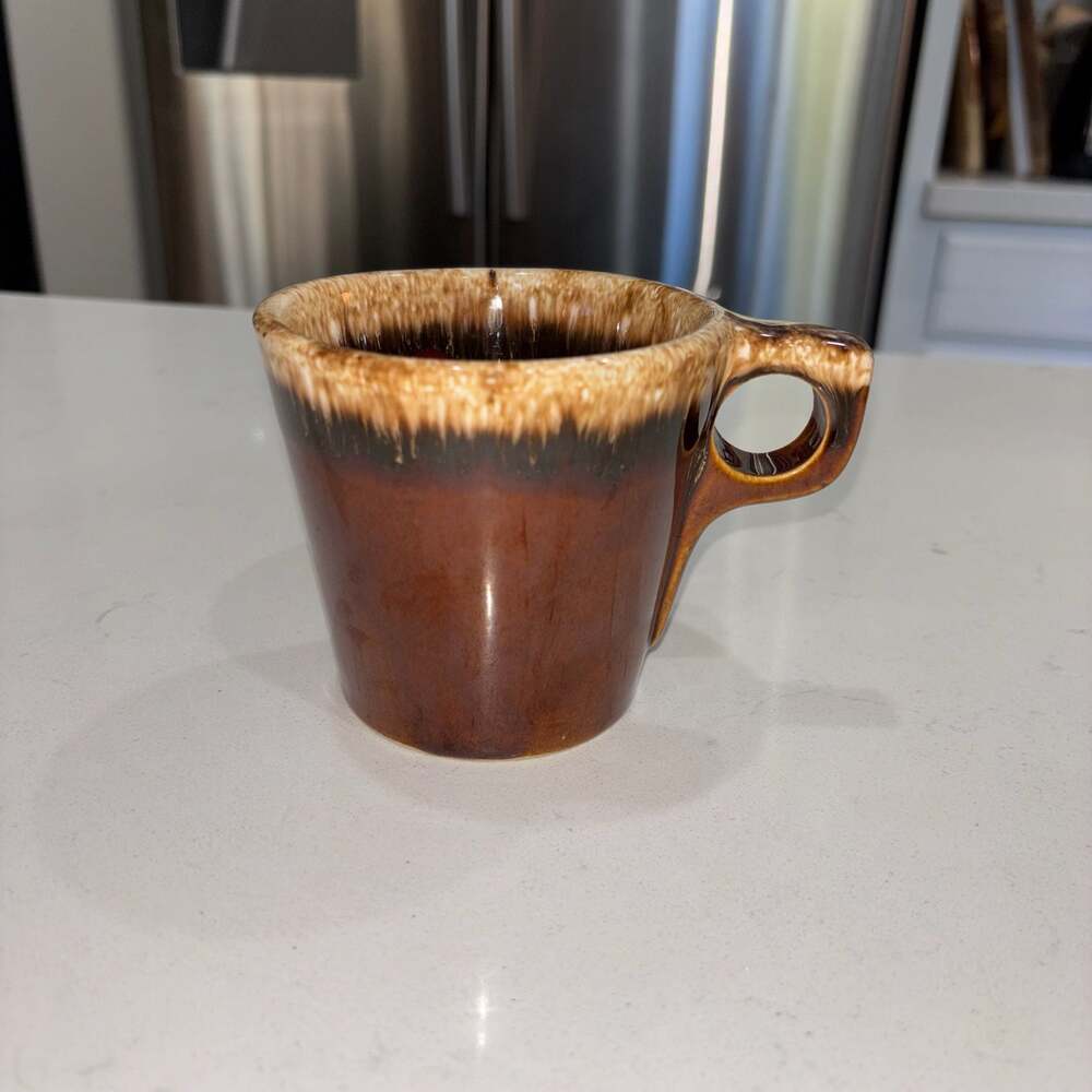 Vintage Hull Pottery Brown Drip Glaze Oven Proof Coffee Mug with O-Ring Handle